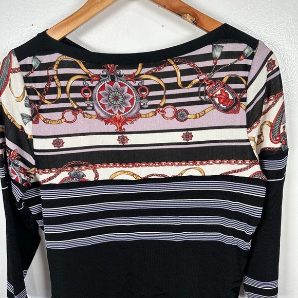 Feratelli Womens Medium Blouse Belted Art Stretch Black 3/4 Sleeves Striped - Picture 10 of 16